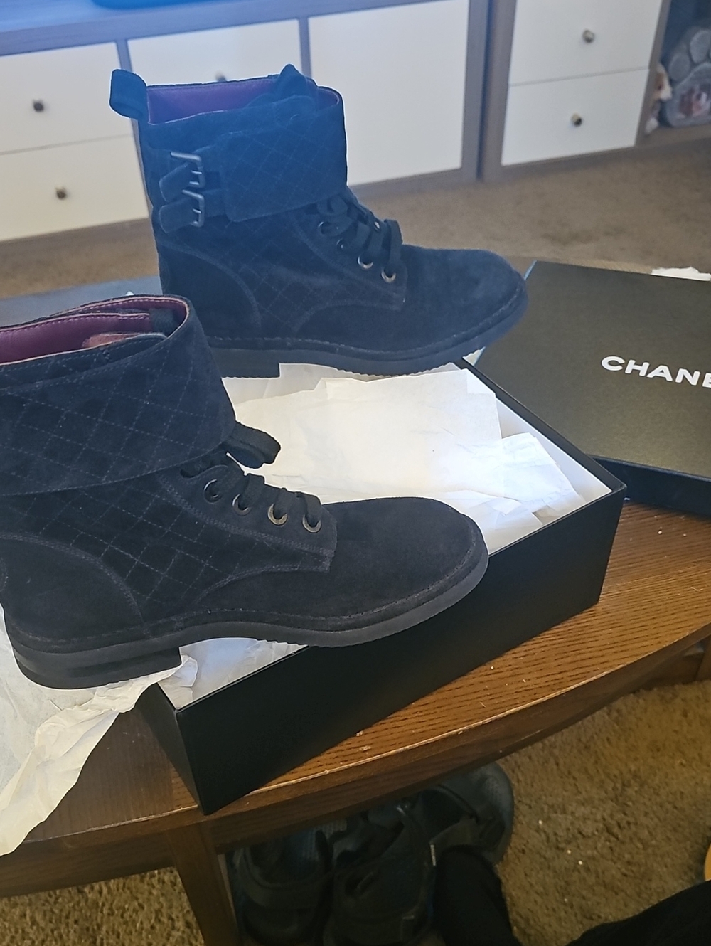 CHANEL Black Quilted Suede Lace-Up Boots